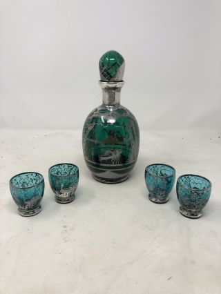 Vintage Silver Overlay Decanter Stopper Shot Glasses Set Blue Green Glass River