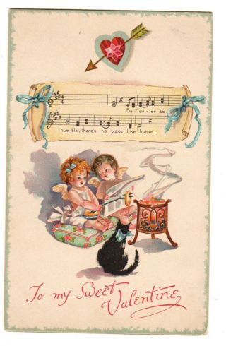 Old Postcard To My Sweet Valentine Music Song No Place Like Home Angels Cat
