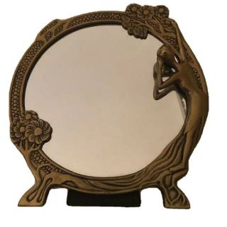 Vintage Mid - Century Brass Table Top Mirror Art Nouveau 3d Semi Nude Lady Frame