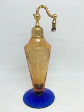 Art Deco Atomizer Perfume Bottle Etched Amber Glass Cobalt Devilbiss Buy It Now