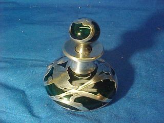19thc Victorian Era Emerald Green Glass Perfume Bottle W Sterling Overlay