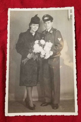 Wwii Ww2 Luftwaffe Soldiers Wedding Photo Postcard W Wound,  Sports Badge Medal
