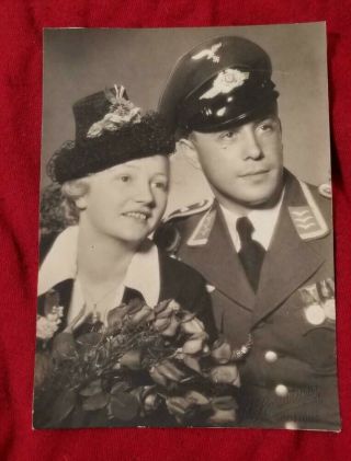 Wwii Ww2 German Military Luftwaffe Wedding Photo Postcard Photograph W Medal Bar