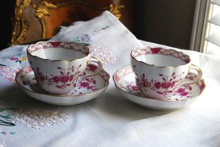 Gorgeous 4 Pc Meissen Purple Indian Tea Cups & Saucers