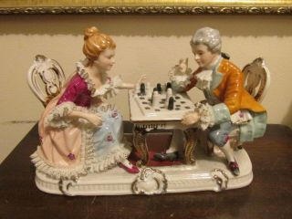 Antique Unmarked Dresden Lace Victorian Couple Porcelain Figurine Playing Chess
