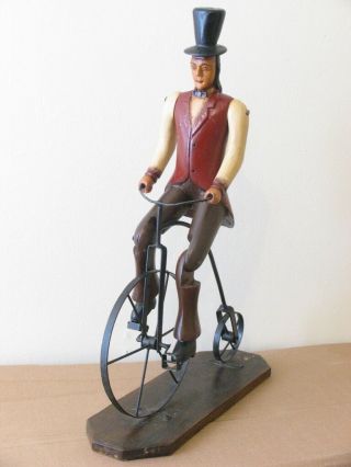 Antique Large Wooden Jointed Man W/ Top Hat On Metal Penny Farthing Bicycle