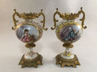 Antique French Porcelain Ormolu Mounted Portrait Urn Hand Painted Vases