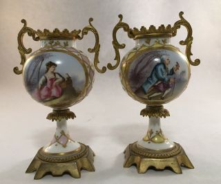 ANTIQUE FRENCH PORCELAIN ORMOLU MOUNTED PORTRAIT URN HAND PAINTED VASES 2