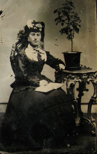 Tintype Photo Of A Lovely Young Woman Reading Book Posing Next To Potted Plant