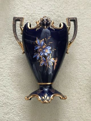 Hand Painted Cobalt Blue Gold Transfer Angel/lion Porcelain Handle Vase Trophy