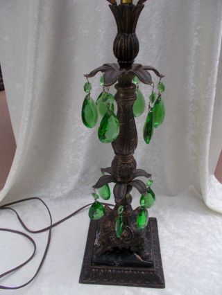 Vintage Hollywood Regency Brass Table Lamp Marble Base Green Glass Prisms 3 Way