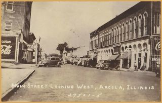 Rppc - Arcola,  Ill.  - Main Street Looking West - Coca Cola,  Old Autos - 1943