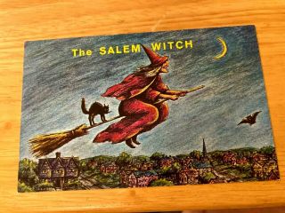Salem Ma Old Witch Flys Over Salem Postcard Mass Pc W/ Black Cat