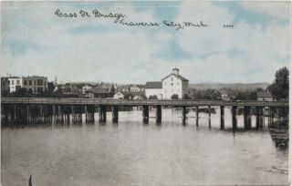 Nw Traverse City Mi C.  1908 The Old Cass Street Bridge & M&ne Railroad Depot