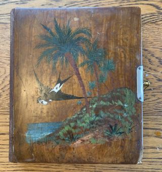 Victorian Antique French Painted Wood Covers Photo Album With 26 Family Photos