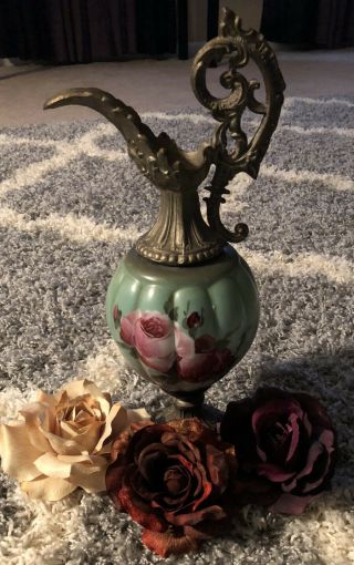 Antique Victorian 1800s Ewer Urn Vase Hand Painted Milk Glass Red Roses Brass