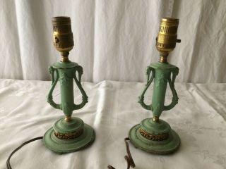 2 Rare Vintage Cast Iron Table Lamps Art Deco Green Paint Matching Pair Swan