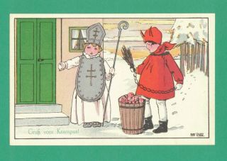 Vintage Anny Tekauz Christmas Postcard Boy - St.  Nicholas Girl - Krampus Bell Apples