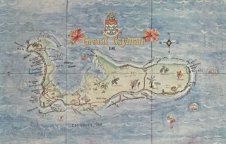 Map Of Grand Cayman Island,  Old Postcard,  Schooner Stamp,  Posted To Canada 1966