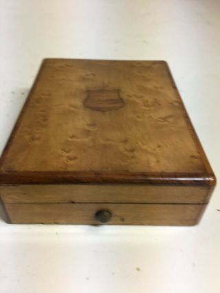 ANTIQUE MAPLE BURL WOOD POCKET WATCH CASE - BOX INLAYED CREST FABRIC LINED 3