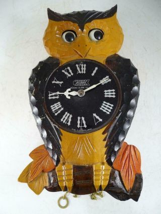 Vintage Occupied Japan Moving Eye Owl Cuckoo Wall Clock Tezuka Poppo Figural Old