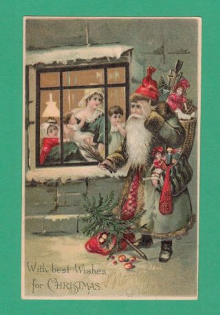 Early Vintage Old World Christmas Postcard Santa Claus Toys Tree Switches Family