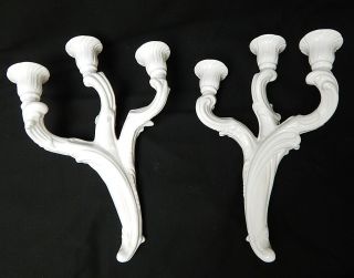 Pair Antique French White Porcelain Wall Candelabra Candle Holders Sconces