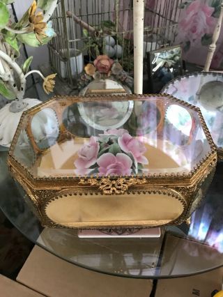 Antique Large Jewelry Casket Gold Ormolu Beveled Glass Display 9 1/2” X 6 1/2”
