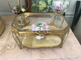 Antique large jewelry casket gold ormolu beveled glass display 9 1/2” X 6 1/2” 3