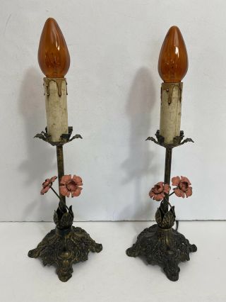 2 Antique 1920s Art Nouveau Cast Iron Metal Candlestick Electric Lamps Flowers
