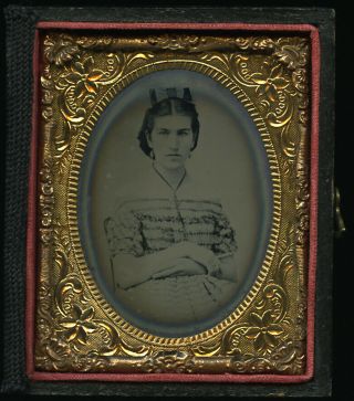 Half Case 9th Plate Ambrotype Woman Wearing Big Bow In Hair Ornate Mat