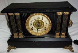 Antique Ingraham " Adrian " Black Mantle Clock Key Wound W/ Key Pendulum &