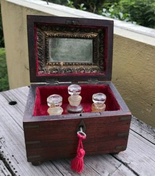 Old Vintage Wooden Anglo - Indian Brass Inlaid Box With 3 Glass Perfume Bottles