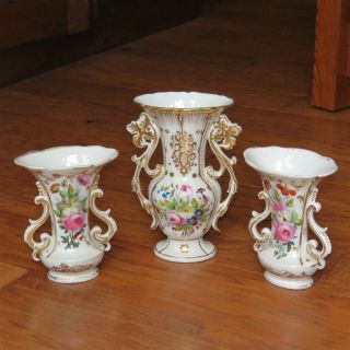 Set Of 3 Antique Porcelain Vases With Hand - Painted Flowers & Gold Leaf Trim