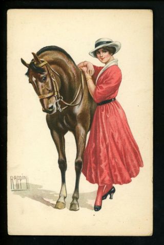 Artist Signed Vintage Postcard Rappini,  Well Dressed Woman Hat W/ Horse