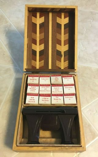 Vintage Tru View 3d Viewer With 12 Film Strips In Inlaid Wooden Box