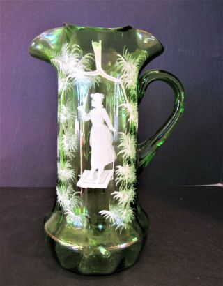 Antique 1880s Victorian Mary Gregory Hand Blown Green Pitcher - Women On Swing