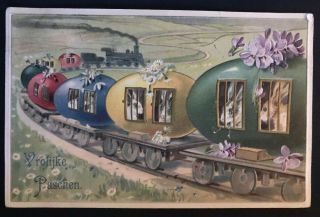 Cute Bunny Rabbits In Easter Egg Train & Flowers Vintage Easter Postcard - B583