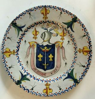18th Century Antique French Faience Armorial Plate Joan Of Arc
