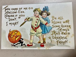 Vtg Halloween Postcard Embossed L & E 2262 Artist Signed Boy & Girl Scared