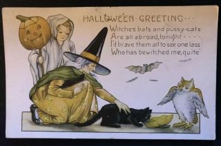 Antique Whitney Halloween Greetings Postcard Witch Jol Cat Owl Vintage - C - 89