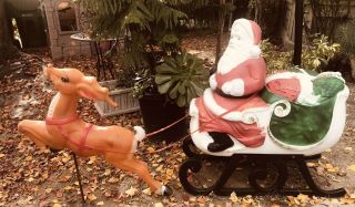 Vintage Christmas Blow Mold Santa And Reindeer
