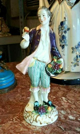 Antique German Saxon Porcelain Figurine,  Man With Apple.