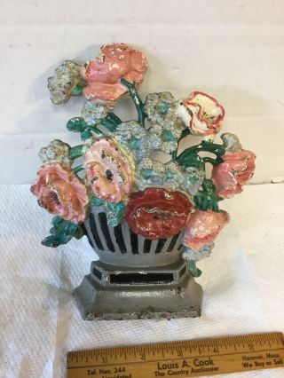 Antique Vintage Cast Iron Doorstop Hubley 265 Poppies & Corn Flowers In Urn
