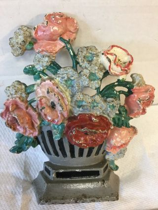 Antique Vintage Cast Iron Doorstop Hubley 265 Poppies & Corn Flowers in Urn 2