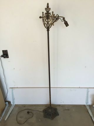 Antique Vtg Early 1900s Bridge Arm Floor Lamp Ornate Brass Cast Iron Victorian