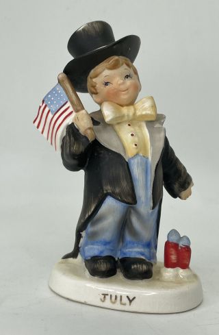 Vintage Lefton Exclusives Japan July Birthday Boy With Flag And Fireworks
