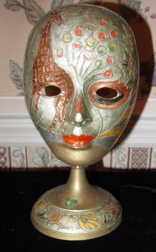 Vtg Brass Mardi Gras Tribal Brass Mask On Stand; Hand Painted India