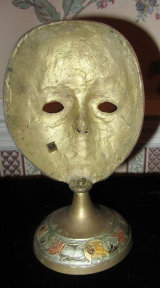 Vtg Brass Mardi Gras Tribal Brass Mask on Stand; hand Painted India 3