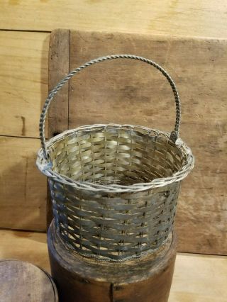 Vintage Woven Metal Basket With Twisted Wire Base And Handle - Later 1900 